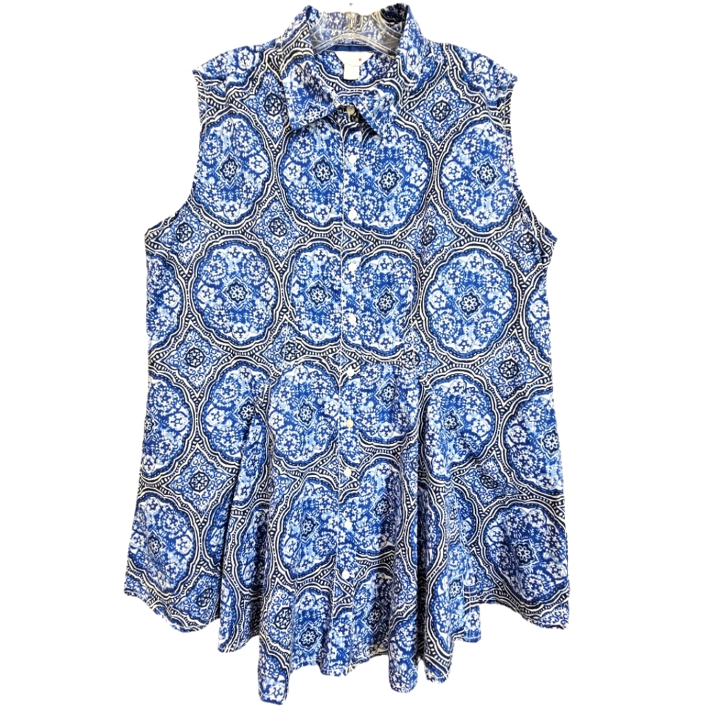 Intro Blue Floral Medallion Tiles Sleeveless Collared Tunic Top